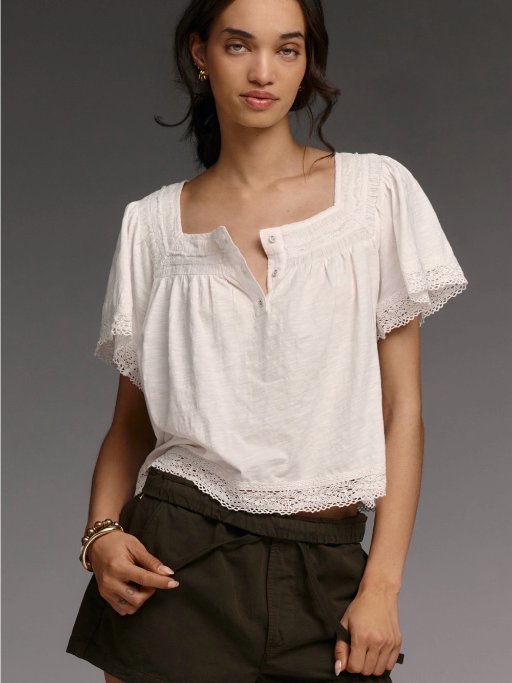Anthropologie Lace-Trimmed Short-Sleeve Henley Top